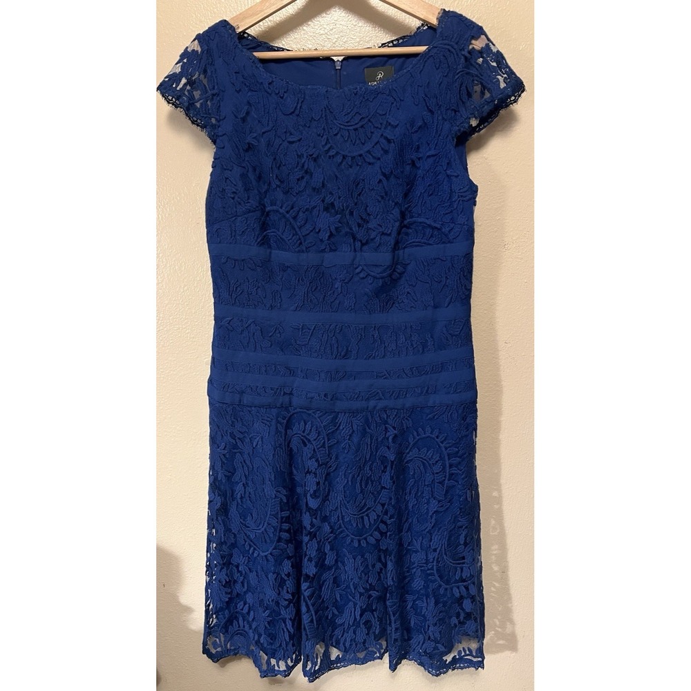 Adrianna Papell Blue Lace Fit & Flare Dress Cocktail Party Wedding Women's Sz 12